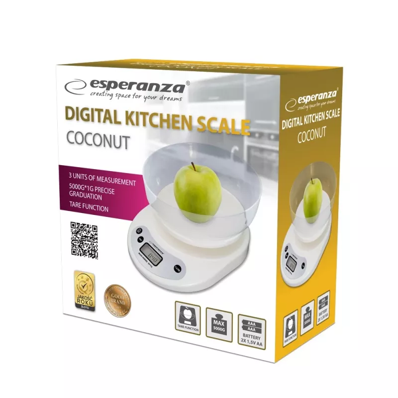 Balança de cozinha eletrónica ESPERANZA EKS007 — capacidade de 5 kg, precisão de 1 g, branco