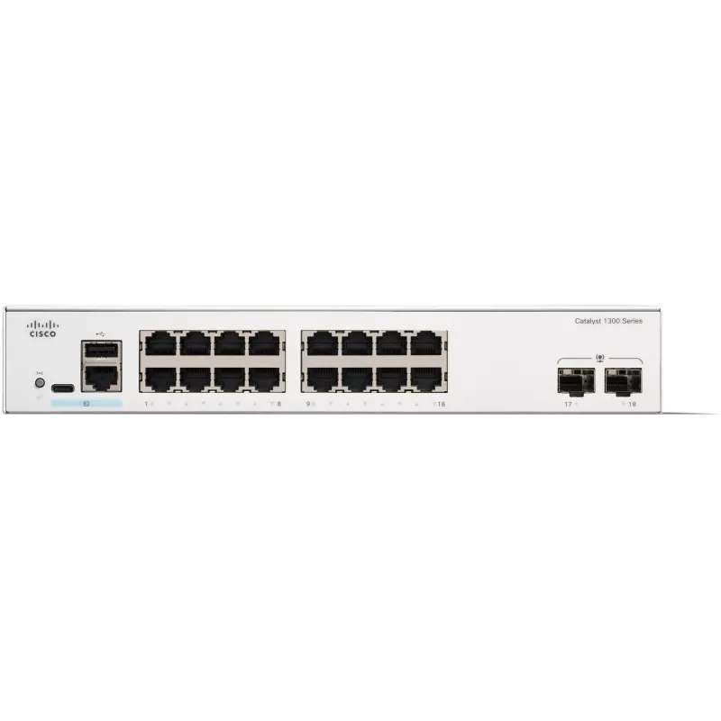 Switch gerido Cisco Catalyst 1300-16T-2G — 16x Gigabit RJ-45, 2x 1GE SFP, L2/L3