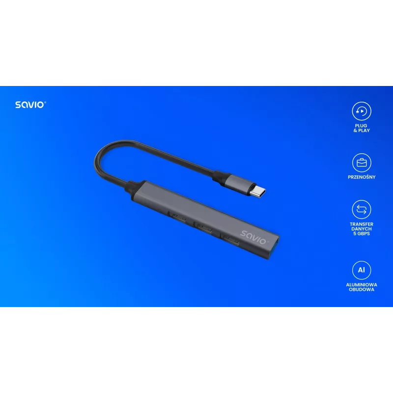 Hub de interface USB 3.0 4 portas SAVIO AK-71 com host USB-C, 5000 Mbit/s, garantia 2 anos