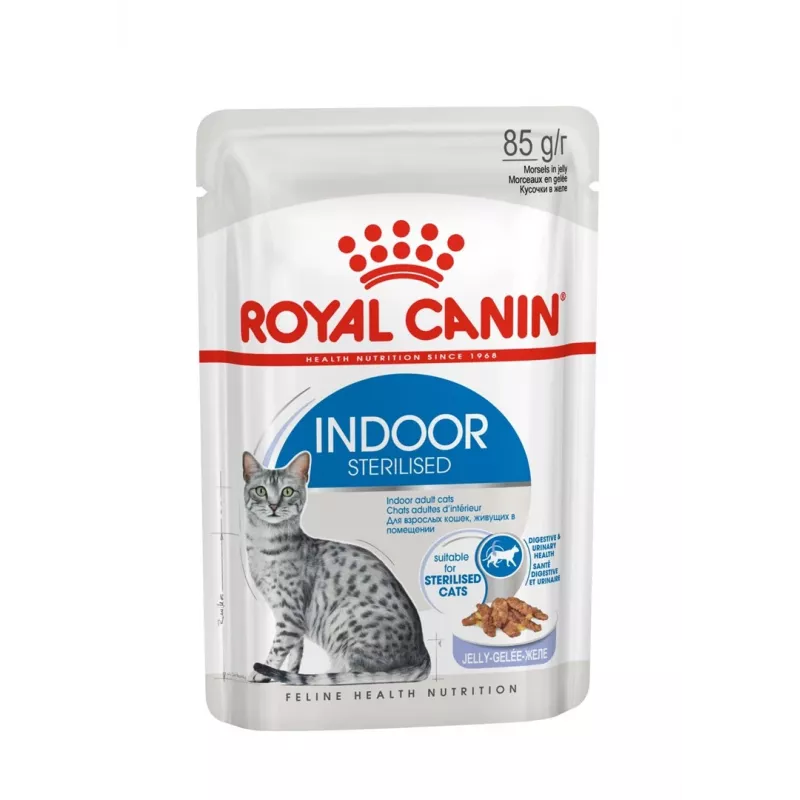 Comida húmida para gatos Royal Canin Indoor Sterilized 85 g saqueta — gatos adultos esterilizados de interior, sabor a aves, pack de 12 x 85 g