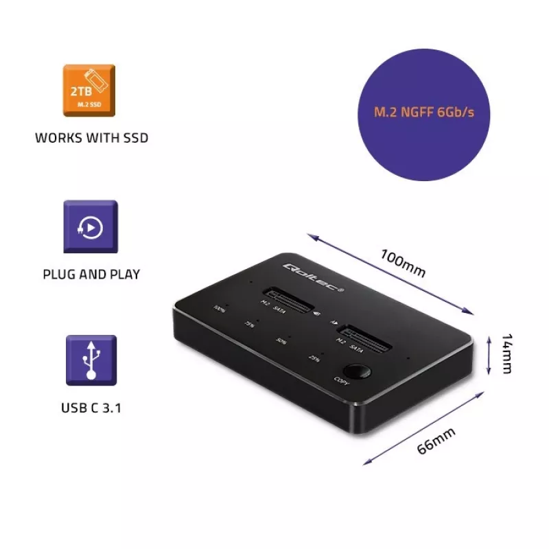 Estação de acoplagem Qoltec 50310 para 2x SSD M.2 SATA NGFF USB Type-C