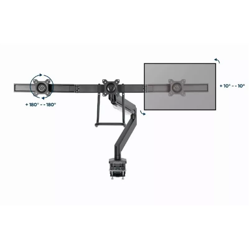 Suporte de monitor de secretária GEMBIRD MA-DA3-03, 3 braços, mola a gás, VESA 75–100x100, suporta 3 ecrãs até 27 polegadas, máx. 18 kg, preto