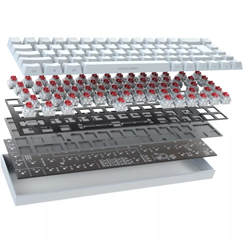 Deltaco GAM-100-W-DE. Teclado formato: 65%. Estilo do teclado: Reto. Interface do dispositivo: USB + Bluetooth, interruptor de tecla do teclado: interruptor mecânico,
