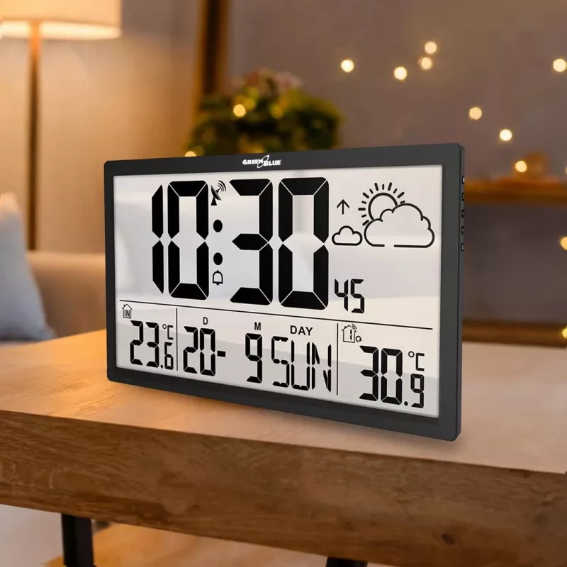 Relógio de parede GreenBlue GB218 — LCD extra grande, estação meteorológica, temperaturas interior/exterior, indicação de data