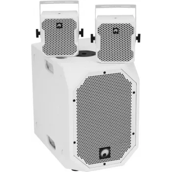 Conjunto de altifalantes ativos Omnitronic BOB-10A ws com 2x BOB-4 ws – caixa principal ativa BOB-10A e dois satélites BOB-4, altifalantes PA ativos compactos