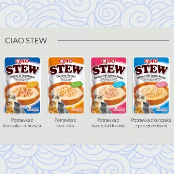 Snack de comida húmida para gatos INABA Ciao guisado de frango e vieira saqueta 40 g — sem cereais, adulto, carnudo
