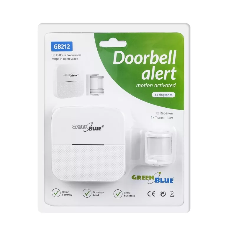 Sirene de entrada sem fios GreenBlue GB212, detetor de movimento, 52 melodias, 230 V, máx. 8 sensores