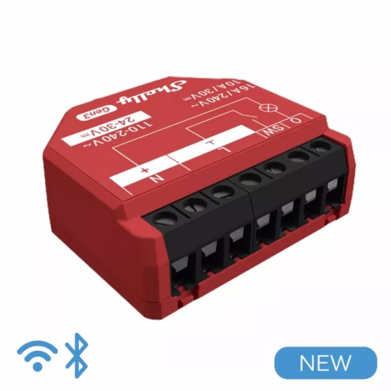 Shelly 1PM Gen3 relé Wi-Fi/Bluetooth, 16 A, com medição de potência