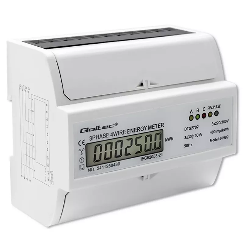 Contador eletrónico bidirecional trifásico Qoltec | Contador de consumo de energia para calha DIN | 400V | 100A | LCD | 4P