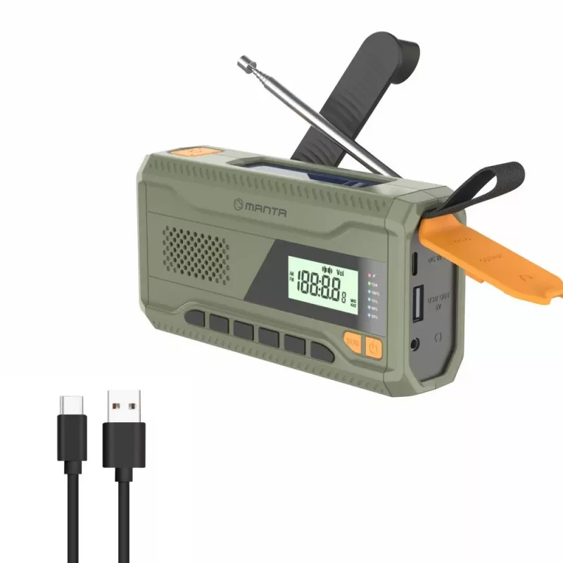 Rádio FM portátil MANTA RDI401G com painel solar, manivela dínamo, bateria 4000–4500 mAh, saída USB 5 V, 3 W, lanterna