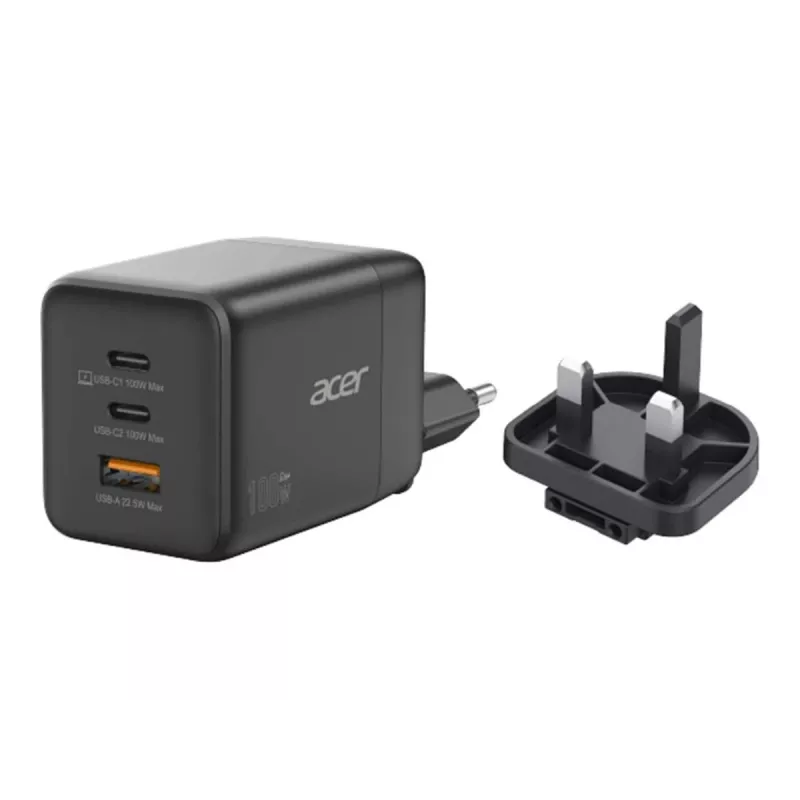 Fonte de alimentação Acer - tecnologia PPS e GaN - 100 Watt - PD 3.0 - 3 portas de saída (USB, 2 x USB-C)