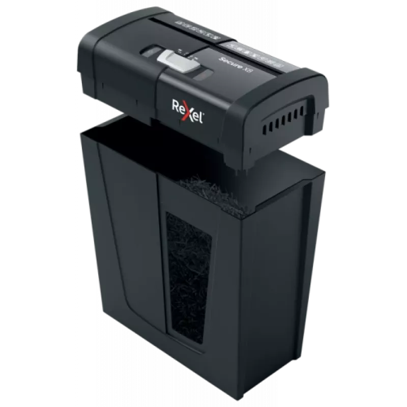 Destruidora de documentos REXEL Secure X8 — corte cruzado P-4, 4x40 mm, capacidade 8 folhas, recipiente 14 l, preto