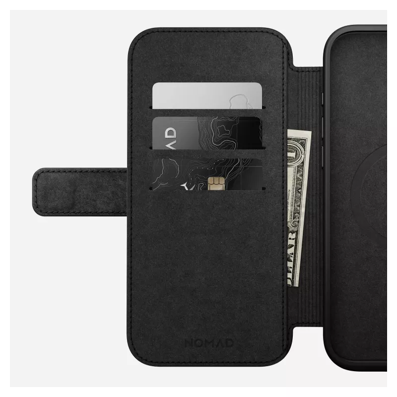 Capa tipo carteira para telemóvel Nomad NM01675785 para telemóveis Apple, compatível com até 17,5 cm (6,9 polegadas), preta, 3 compartimentos para cartões, suporte de mesa