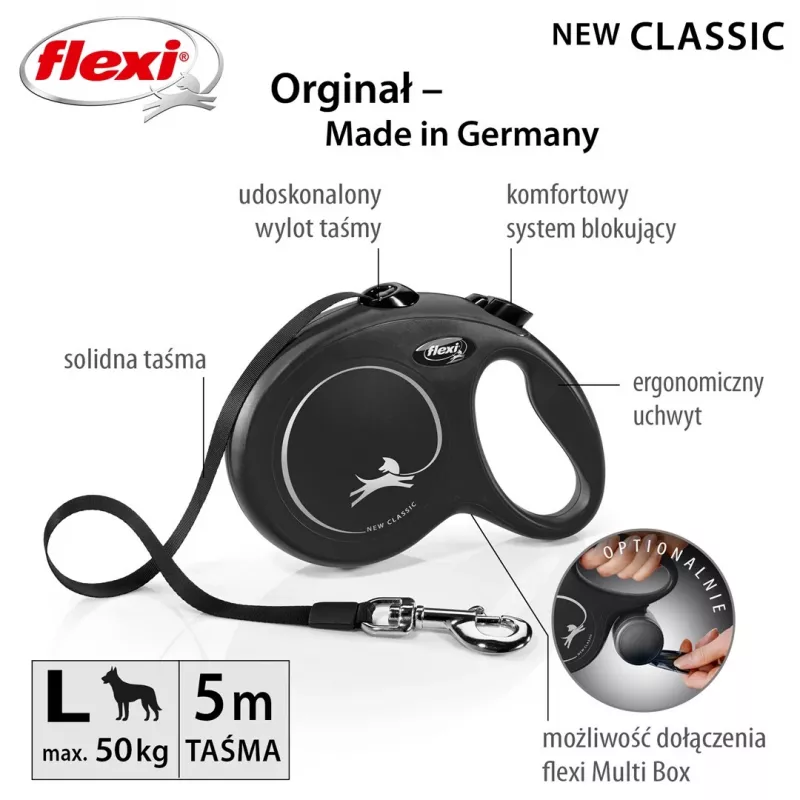 Flexi New Classic L trela extensível para cães, fita, 5 m, até 50 kg, preta