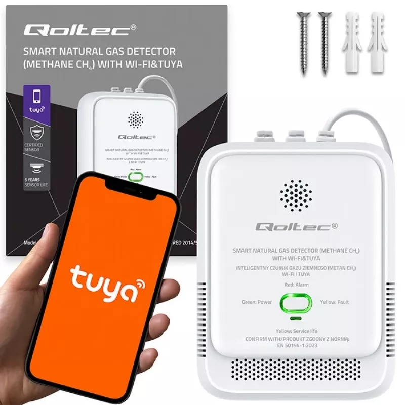 Detetor de fuga de gás QOLTEC NG Tuya — detetor de gás natural (CH4), compatível com smart Tuya