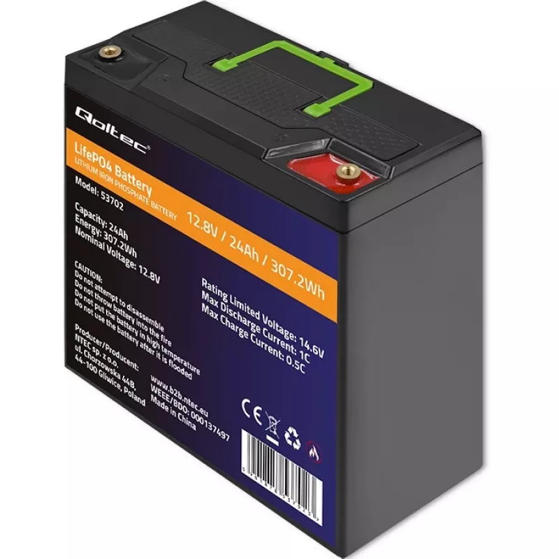 Bateria de lítio-ferro-fosfato LiFePO4 Qoltec 53702 | 12,8V | 24Ah | 307,2Wh | BMS