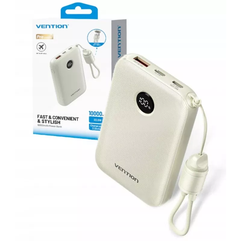 Powerbank Vention FKAN0-C 10000 mAh — 2× USB-C, 1× USB-A, 22,5 W, bege