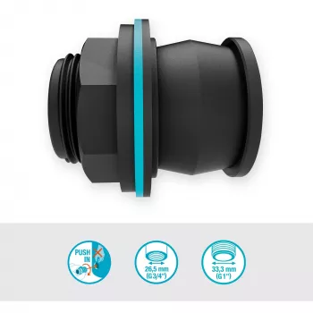 Conector de depósito Push IN, G 1 e G 3/4 (preto, para espessuras de parede de 2-10 mm)