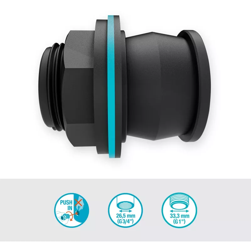 Conector de depósito Push IN, G 1 e G 3/4 (preto, para espessuras de parede de 2-10 mm)