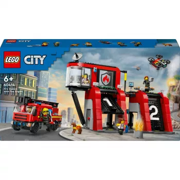 Brinquedo de construção LEGO City Quartel dos Bombeiros com veículo de escada giratória 60414 — 843 peças, 5 minifiguras, 220×320×140 mm