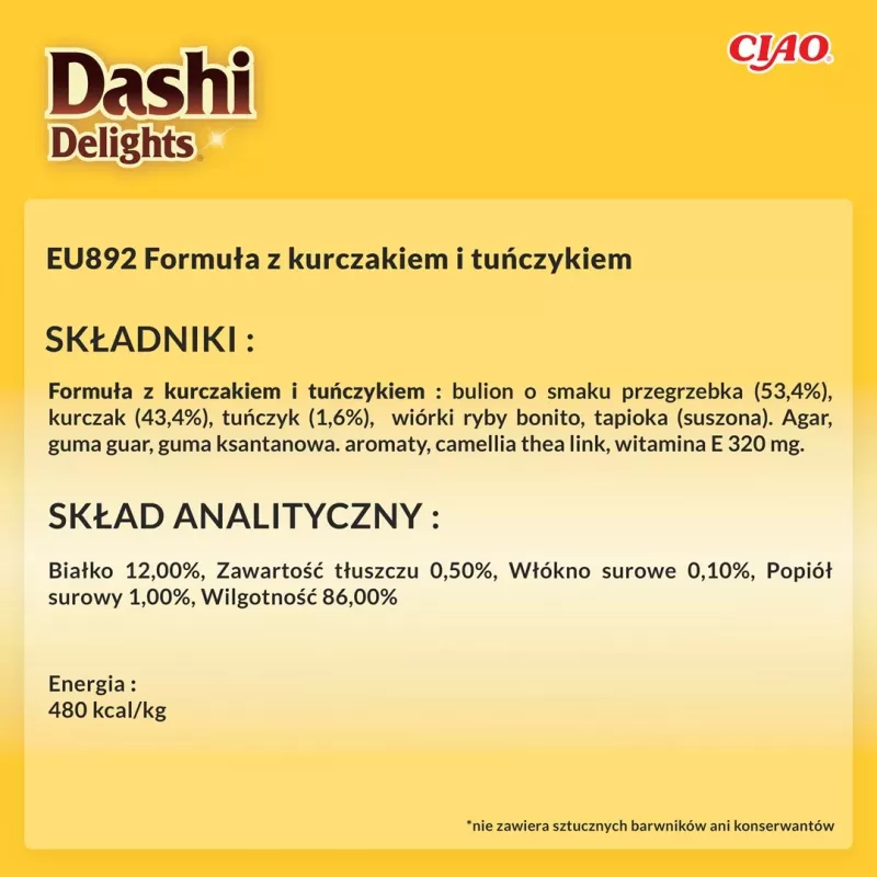 Snacks húmidos para gatos INABA Dashi Delights flocos delicados de frango com atum 40 g saqueta