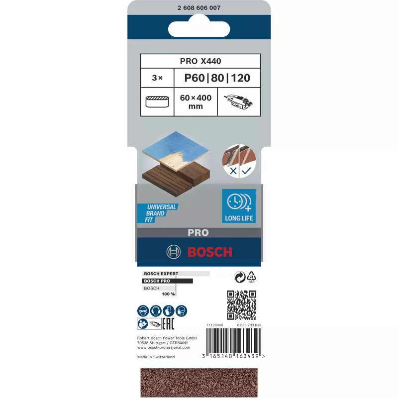 Bosch Best for Wood and Paint X440 conjunto de cintas de lixar, 60 x 400 mm, K60/80/100, 3 pcs