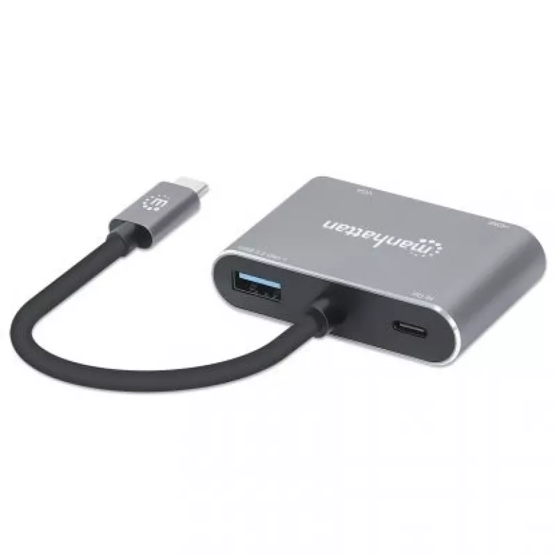Docking station USB-C Manhattan, ligações (x4): HDMI, USB-A, USB-C e VGA, com Power Delivery (PD) 87W – carregador USB-C externo necessário (não incluído). Alimentado por USB (sem fonte de alimentação externa necessária) quando o PD não é utilizado, alumínio