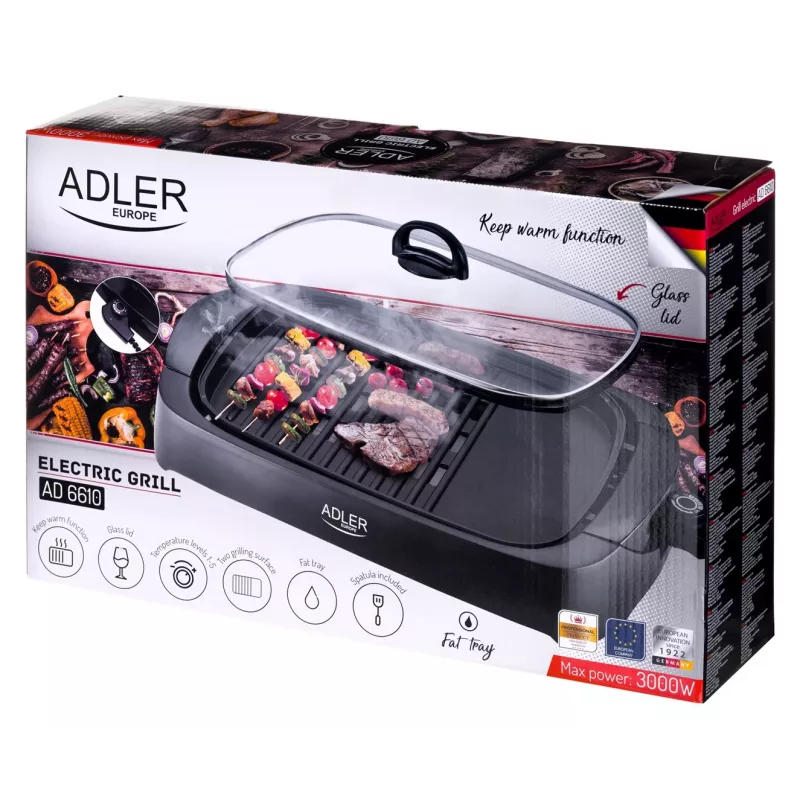 Grelhador elétrico de mesa Adler AD 6610, 3000 W, preto, grelha+placa retangulares de zonas duplas