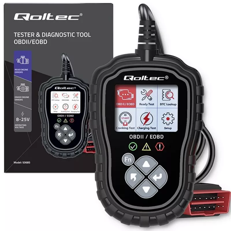 Testador de diagnóstico OBDII QOLTEC ProLine 50685 — scanner OBD-II automóvel para sistemas de 8V/25V
