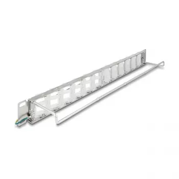 Patch panel 19 polegadas DELOCK 24 portas Keystone, portas inclináveis, alívio de tensão, 1U metálico