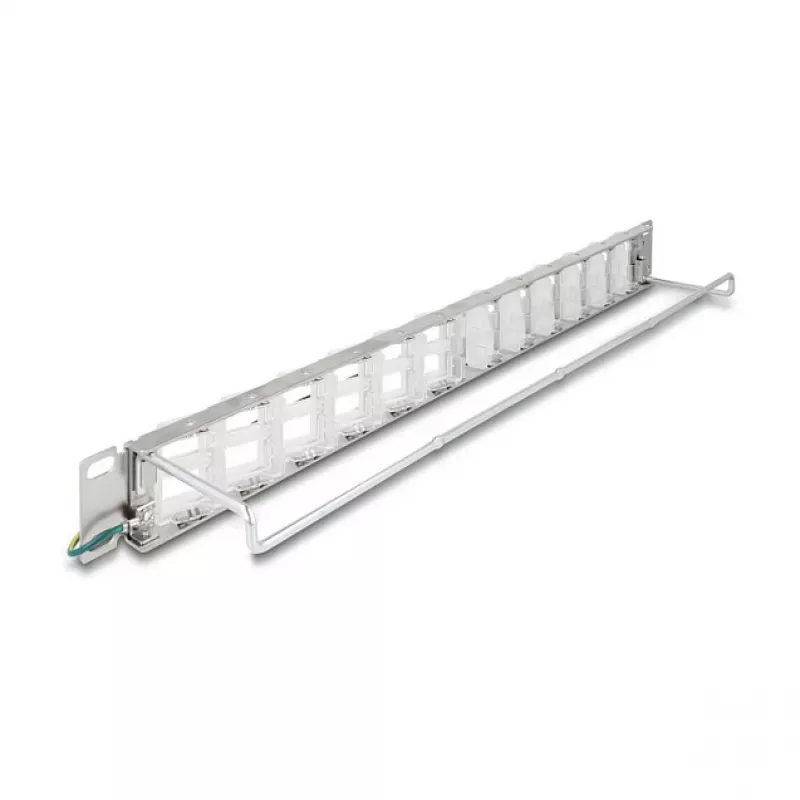 Patch panel 19 polegadas DELOCK 24 portas Keystone, portas inclináveis, alívio de tensão, 1U metálico