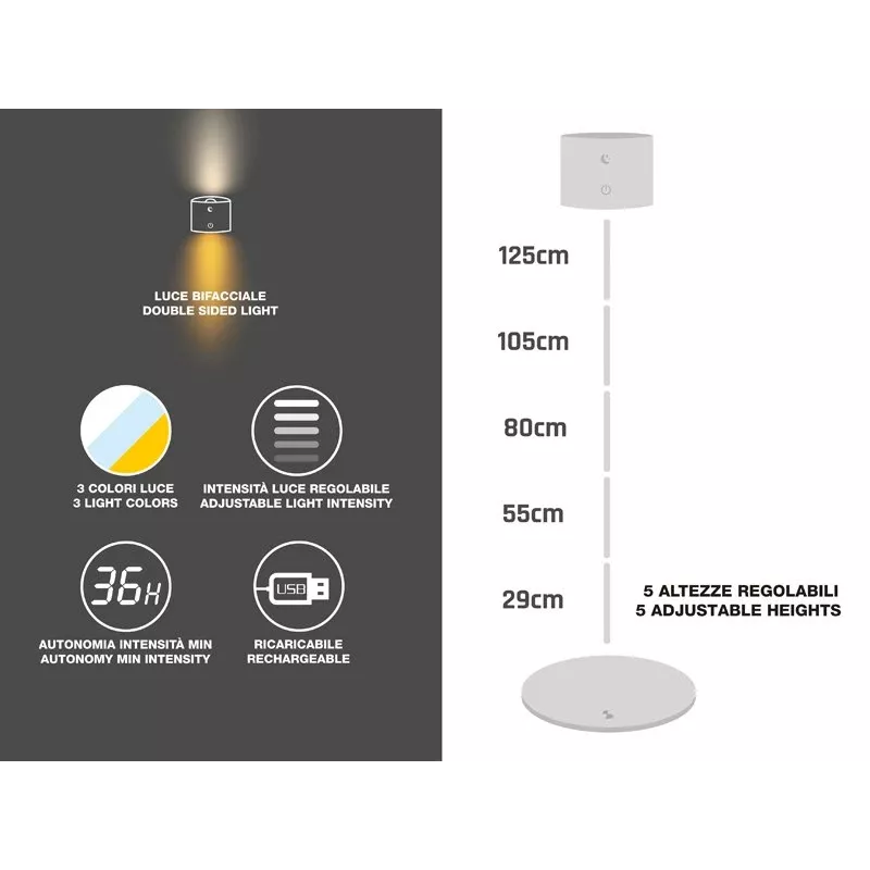 Beper P201UTP305 candeeiro LED recarregável de altura ajustável, de chão e para montagem na parede, 2,3 W, regulável, branco