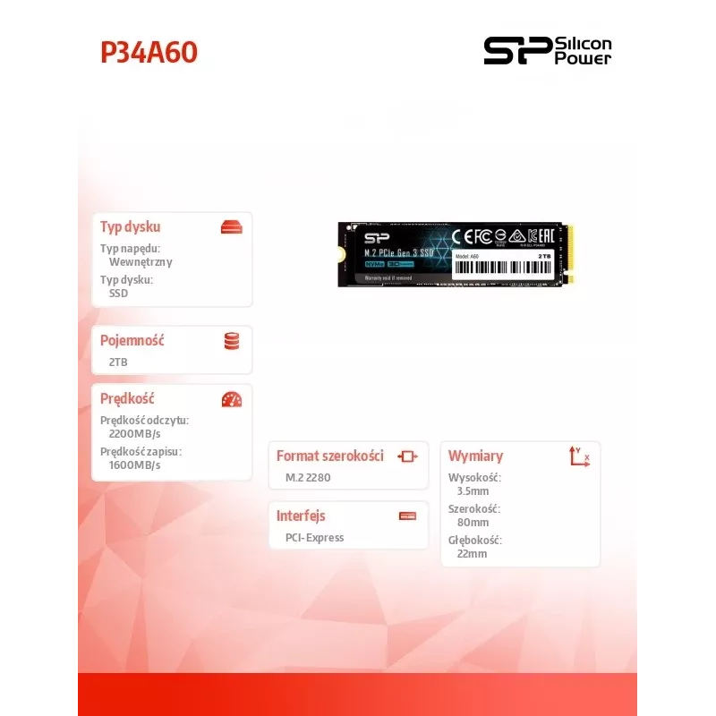 SSD M.2 NVMe Silicon Power P34A60 2 TB, PCIe 3.0 x4, leitura 2200 MB/s, escrita 1600 MB/s