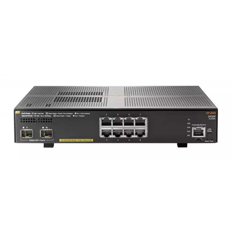 Hewlett Packard Enterprise HPE Aruba 2930F 8G PoE+ 2SFP+ - Switch - L3 - gerido - 8 x 10/100/1000 (PoE+) + 2 x 1 Gigabit/10 Gigabit SFP+ (Uplink) - montagem em rack - PoE+ (125