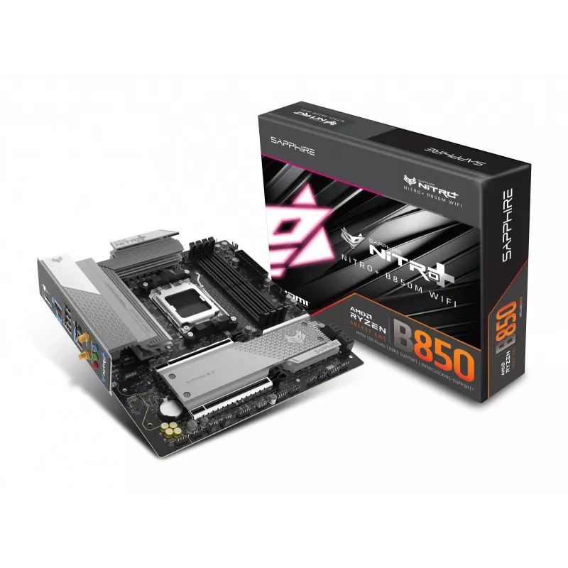Placa-mãe Sapphire NITRO+ B850M WIFI — AMD B850, socket AM5, micro ATX, DDR5, 4x DIMM, Wi-Fi 6, LAN 2,5Gb, 2x M.2