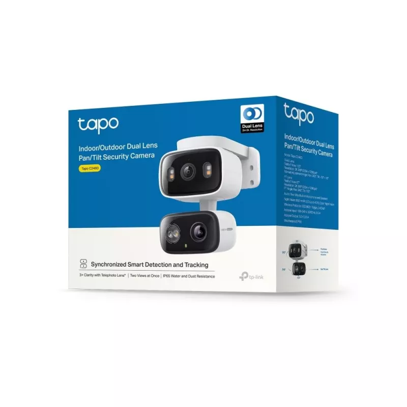 TP-Link Tapo C246D câmara de segurança de interior / exterior com lente dupla e rotação horizontal/vertical, 2K 3MP (2304×1296), grande angular de 125° + teleobjetiva de 6 mm, IP65, Wi-Fi, microSD até 512 GB