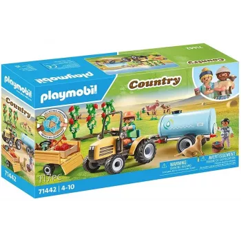 Playmobil 71442 Country: Trator com atrelado e depósito de água – Colheita fresca na quinta – Descobrir o ambiente de forma lúdica – Jogo de faz de conta imaginativo