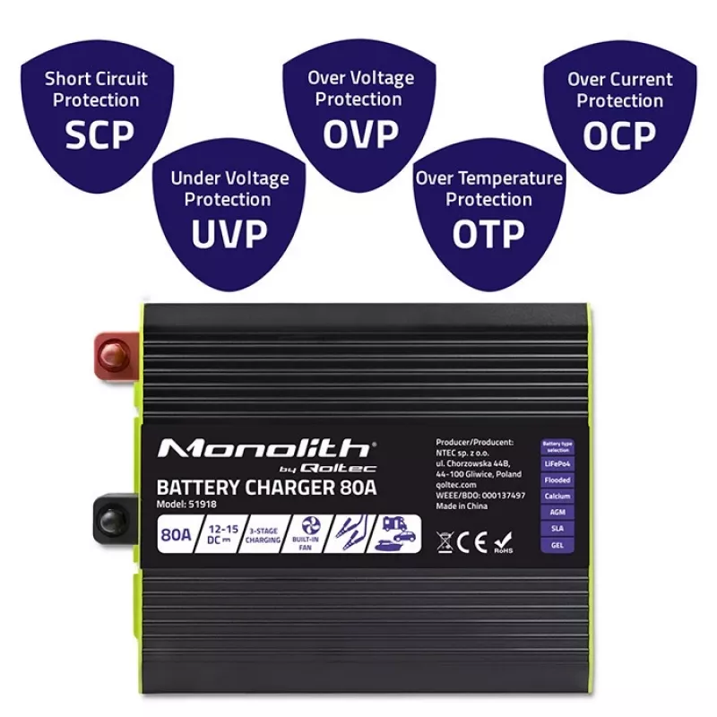 Carregador de baterias QOLTEC 51918 80A 12V – carregador para baterias LiFePO4, AGM, GEL, SLA