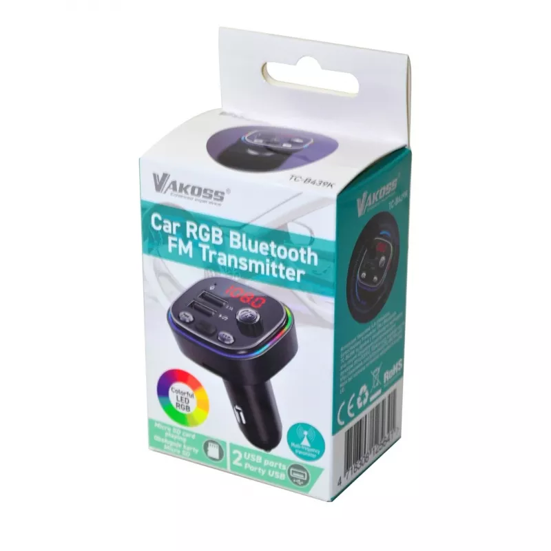 Transmissor FM VAKOSS TC-B439K Bluetooth USB, 87,5–108 MHz, reprodução microSD/USB, saída 5V/3,1A, indicador RGB