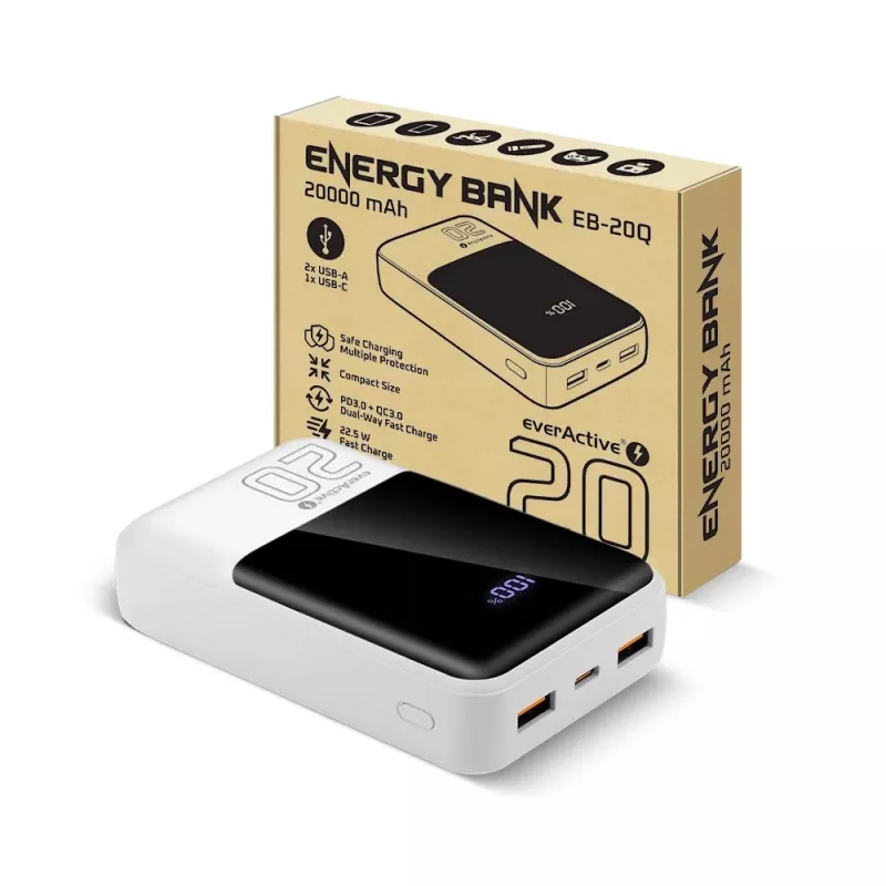 Powerbank everActive EB-20Q 20000 mAh, 2x saída USB, carregamento rápido 22,5W QC4.0