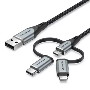 Cabo Vention USB 2.0 A macho para 3-em-1 Micro-B&USB-C&Lightning macho 1M cinzento liga de alumínio