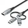 Cabo Vention USB 2.0 A macho para 3-em-1 Micro-B&USB-C&Lightning macho 1M cinzento liga de alumínio