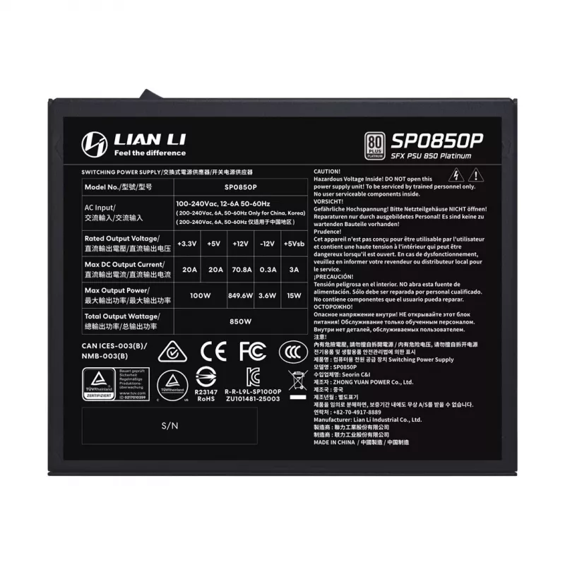 Fonte de alimentação Lian Li SP Series Platinum SFX 850W totalmente modular PCIe 5.1 ATX 3.1 (G9P.SP0850P.B000.EU)