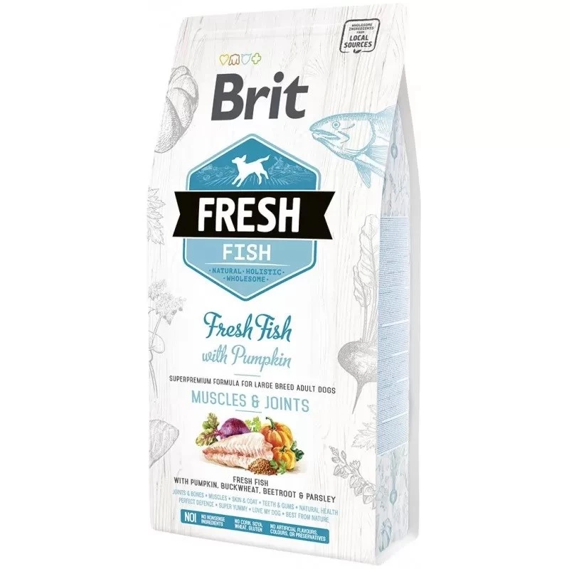 Comida seca para cães Brit Fresh Fish with Pumpkin Adult Large Muscles & Joints 12 kg, proteína 26% gordura 14% sem cereais