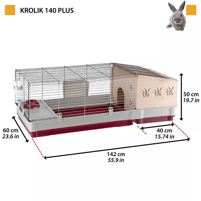 Gaiola Ferplast Krolik 140 Plus para coelhos, Cinzento/Vermelho, L1420×P600×A500 mm, metal/plástico