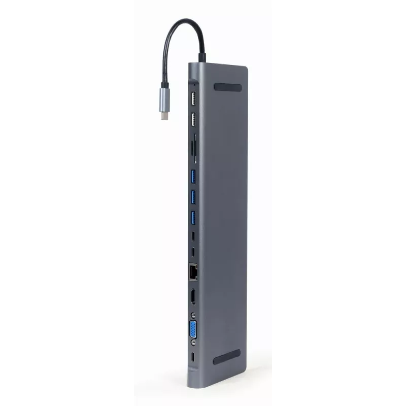 Gembird A-CM-COMBO9-01 adaptador multifunções USB Type-C 9 em 1 (hub USB + HDMI + VGA + PD + leitor de cartões + LAN + áudio de 3,5 mm), Space Grey