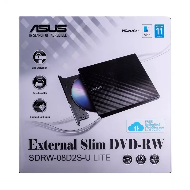 Unidade ótica externa DVD±RW ASUS SDRW-08D2S-U Lite, USB 2.0, preta, 24x CD / 8x DVD, 142×142×20 mm