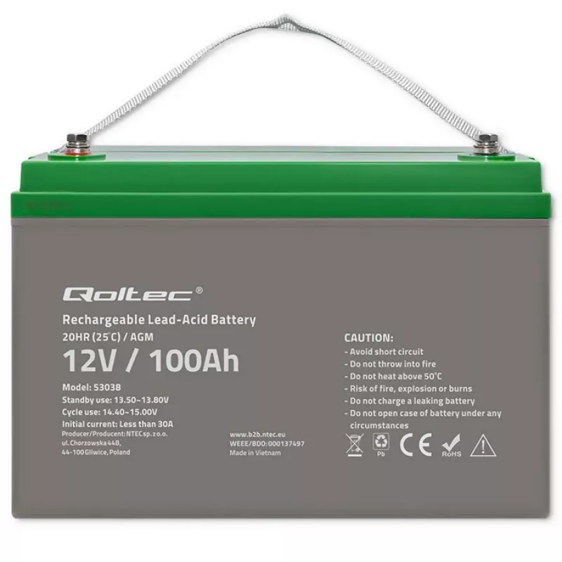 Qoltec 53038 bateria AGM | 12V | 100Ah | máx 1200A