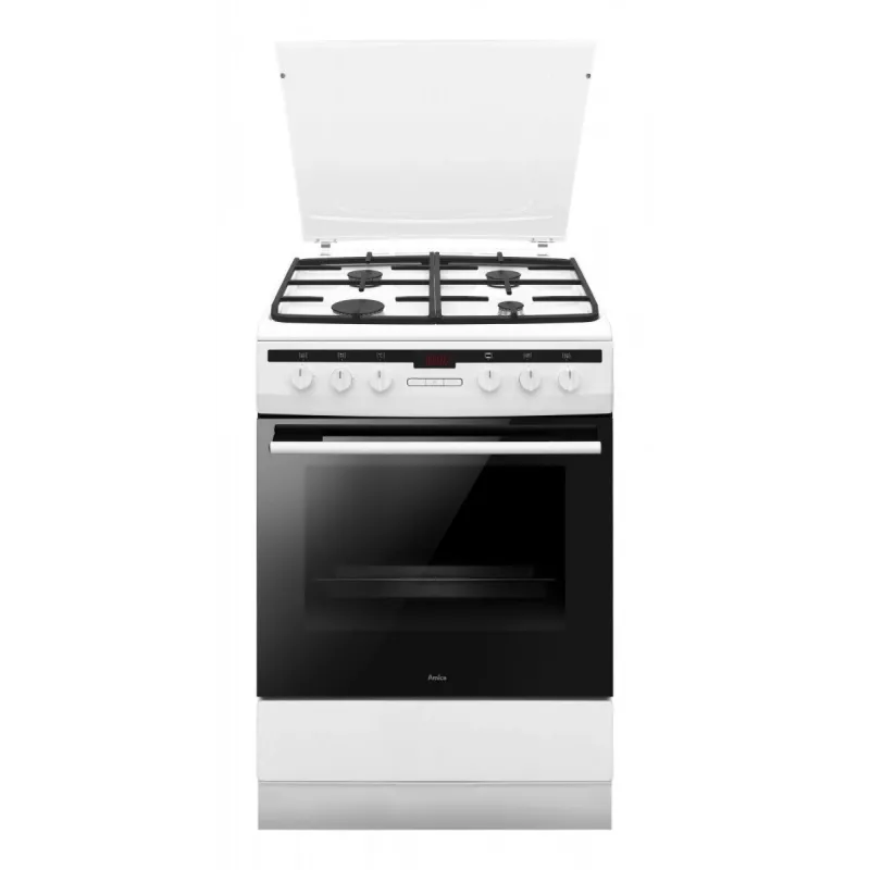 Fogão independente AMICA 617GEH3.33HZpTaDpA(W) PIZZA — placa a gás 4 zonas, forno elétrico 65 L, temporizador eletrónico, branco