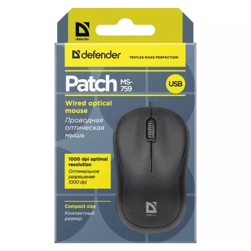 Rato ótico com fios DEFENDER PATCH MS-759 USB Type-A, ambidestro, 1000 DPI, preto